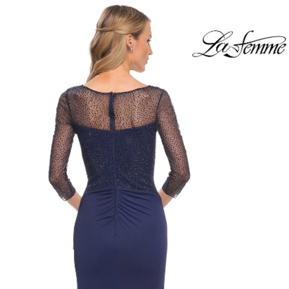 LA FEMME 3/4 SLEEVE ILLUSIONS BEADED EMBELLIHSED NAVY RUCHED GOWN sz 12 - Picture 3 of 5